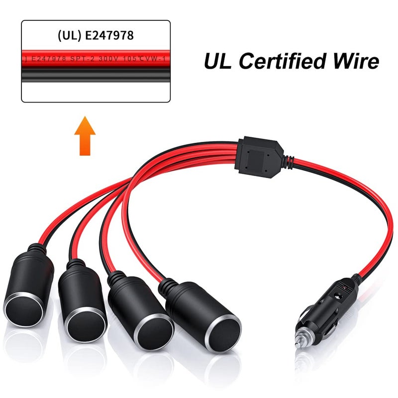 ELECTOP 1 to 4 Car Cigarette Lighter Splitter Adapter Power Charger Port, 12V 24V Plug Socket Adapter 4-Way Splitter, 12 inch Cigarette Lighter Extension Cord Cable 16AWG with 15A Fuse - Image 4